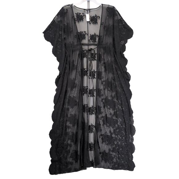 Forever 21 Women's M Black Sheer Tie Kimono Duster Cover Up Crochet Roses Goth - Picture 1 of 6